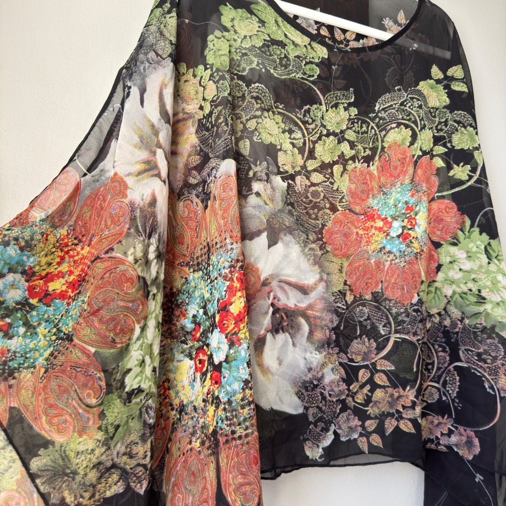 Boho Sheer Chiffon Poncho Top Womens One Size Black Floral Paisley Draped Blouse - Picture 2 of 16